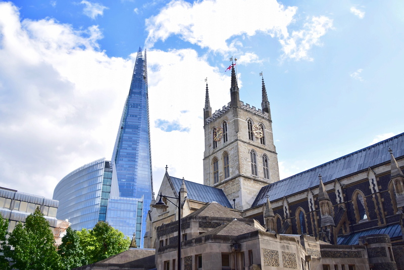 built structure, office building exterior, church, no people, southwark cathedral, architecture, spire, building, low angle view, buildings, blue sky, landmark