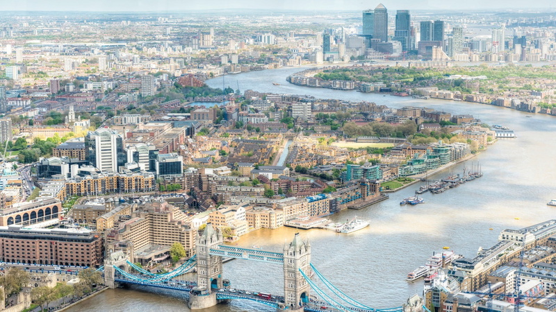 transportation, city, 1080P, high angle view, cityscape, London, building exterior, river, outdoors, built structure, nautical vessel, water, architecture