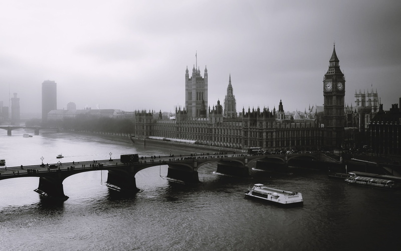 city, monochrome, mist, building, river, architecture, bridge, River Thames, photography, water, urban, 1080P, Big Ben, London, UK