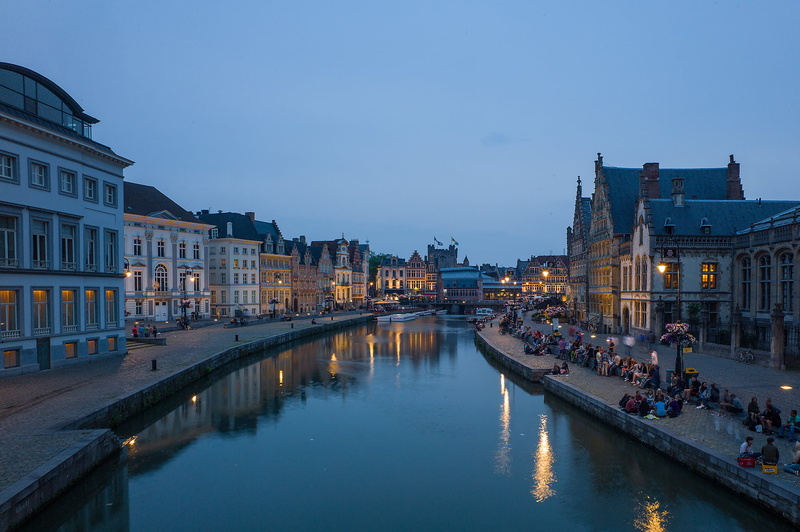 channel, residential district, Belgium, home, Ghent, nautical vessel, reflection, bridge, the sky, passenger craft, waterfront, people, building, sky, transportation