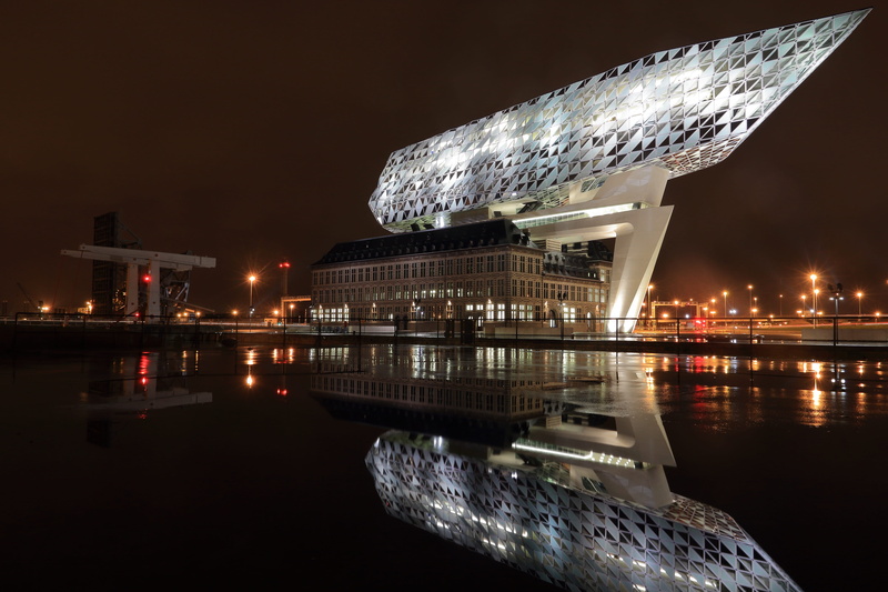 nature, skyscraper, night, illuminated, city, water, modern, architecture, building, reflection, glass, port house, flanders, antwerp, harbor, sea, rain