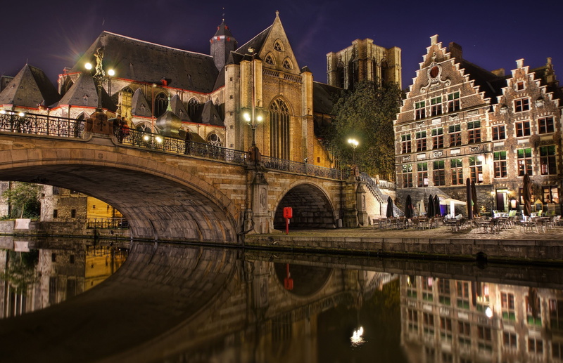 reflection, arch, sky, nature, 2K, architecture, illuminated, Ghent, Flanders, arch bridge, Bridge, waterfront, connection, building, night, transportation