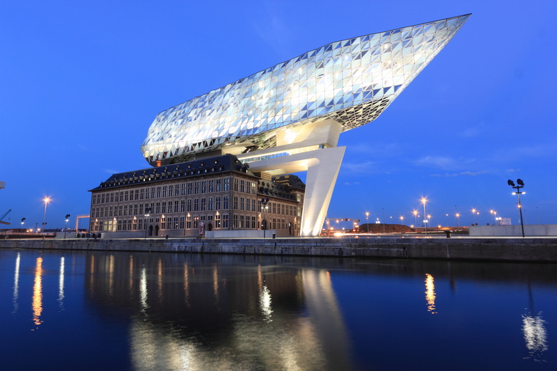 black, architecture, beside, havenhuis, travel, city, landmark, blue, reflection, brown, nature, dusk, no people, design, port, antwerpen, harbor, flanders