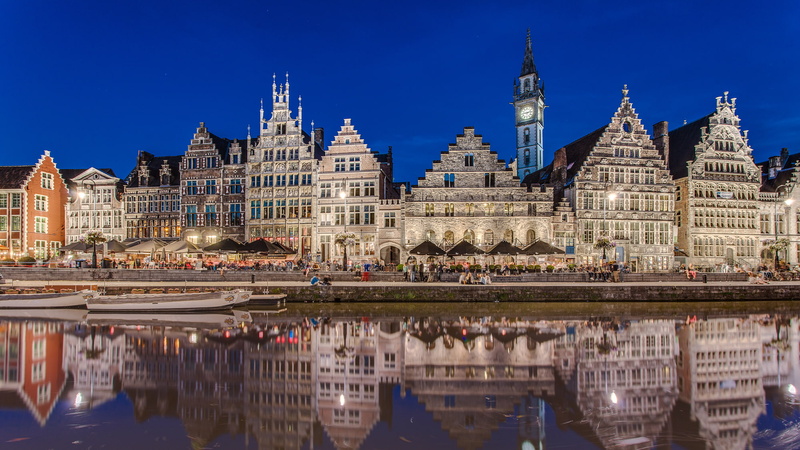 Leie river, Belgium, Fox, river, 1080P, Patershol, Ghent, building, reflection, promenade