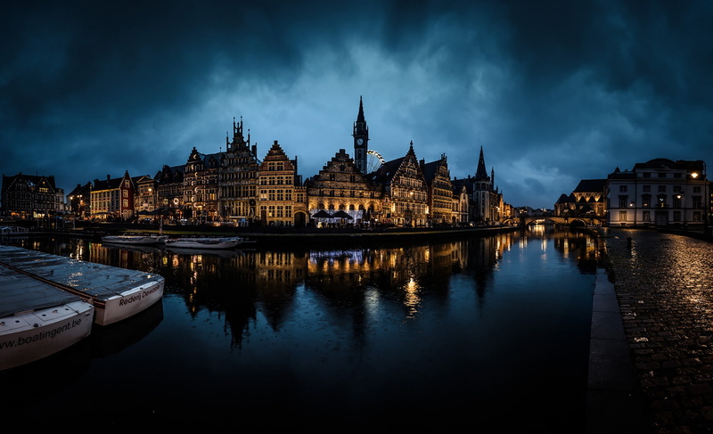 Belgium, Flemish Region, canals, 1080P, night, cloudy, Ghent