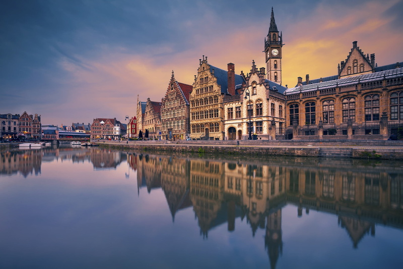 Ghent, 1080P, city, tourism, dusk, built structure, no people, Belgium, cloud - sky, water, travel, government, building, waterfront, sky, channel, bridge