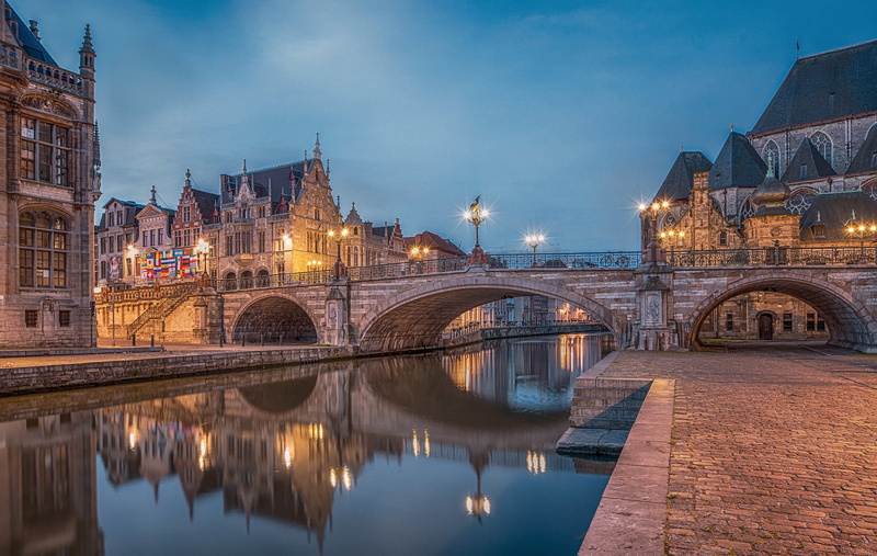 2K, turret, bridge, building, Belgium, lights, the city, river, Ghent
