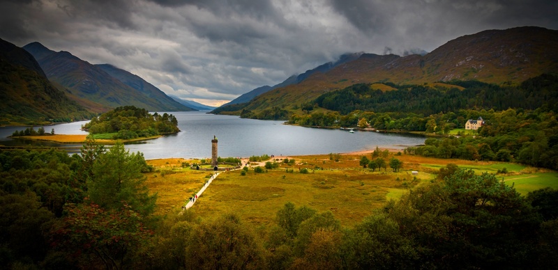 tree, holiday, drama, view, forest, water, loch, glenfinnan schiel, 1080P, outdoors, plant, architecture, a dramatic, scenics - nature, aerial, landscape
