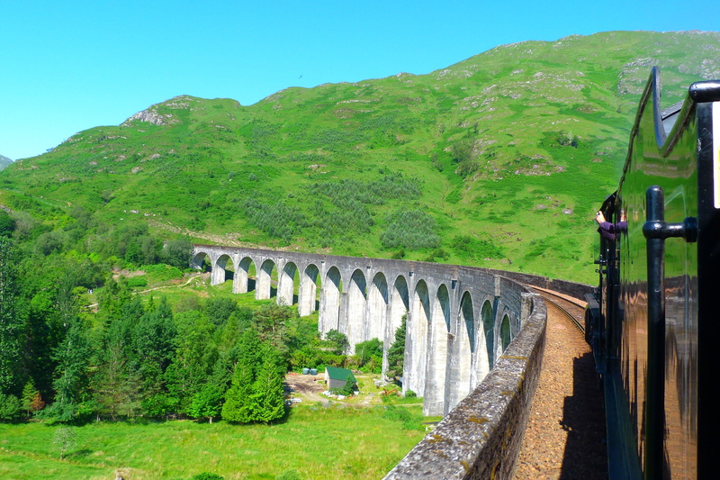 sky, train, scotland, travel, highlands, steam, arch, day, built structure, beauty in nature, nature, architecture, scenics - nature, outdoors, no people