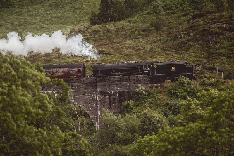 green, bridge, day, rail transportation, trees, 2K, plant, mode of transportation, motion, growth, glenfinnan viaduct, glenfinnan, steam, outdoors, built structure