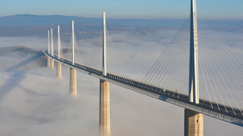 bridge, valley, 2K, road, landscape, France, mist, architecture, Millau Viaduct