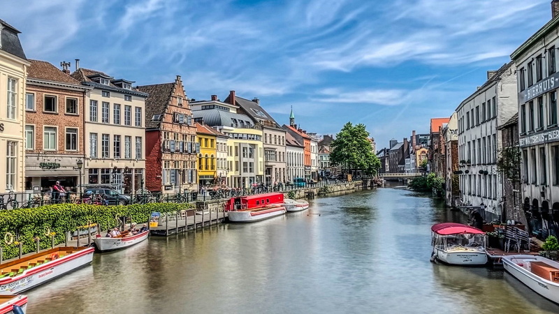 1080P, boats, The River Leie, promenade, Belgium, building, Ghent, home, Leie River, river