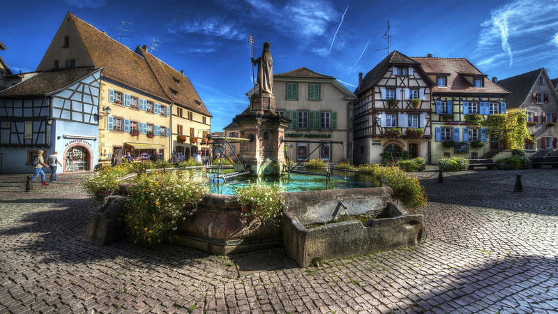 house, water, 1080P, alsace, home, landscape, facade, timbered houses, town, plant, reflection, timbered house, evening, town square, daytiime, france