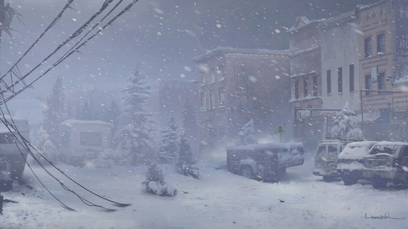 snowing, video games, mode of transportation, building, concept art, tree, motor vehicle, The Last of Us, blizzard, street, transportation, city, car, outdoors