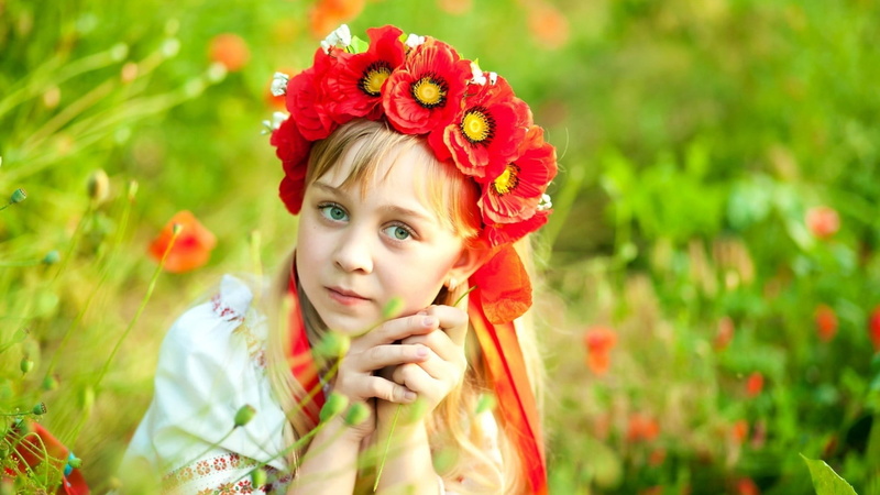 children, plant, blonde, headshot, dress, bangs, yellow, traditional, nature, cute, flowering plant, day, flower, front view, portrait, smiling, holding