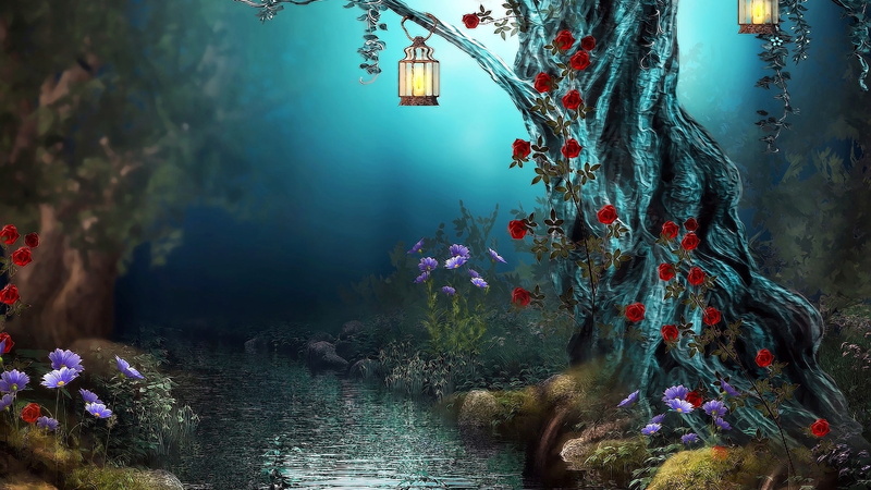 lanterns, dusk, evening, enchanted forest, flowers, forest, 1080P, creek