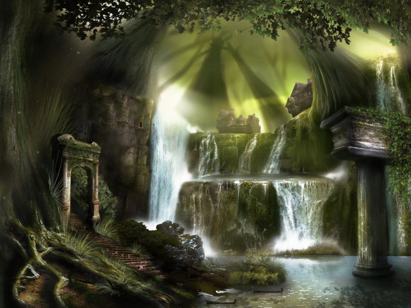 art, ENCHANTED, waterfalls, 720P, nature, forests, Green, hd, forest