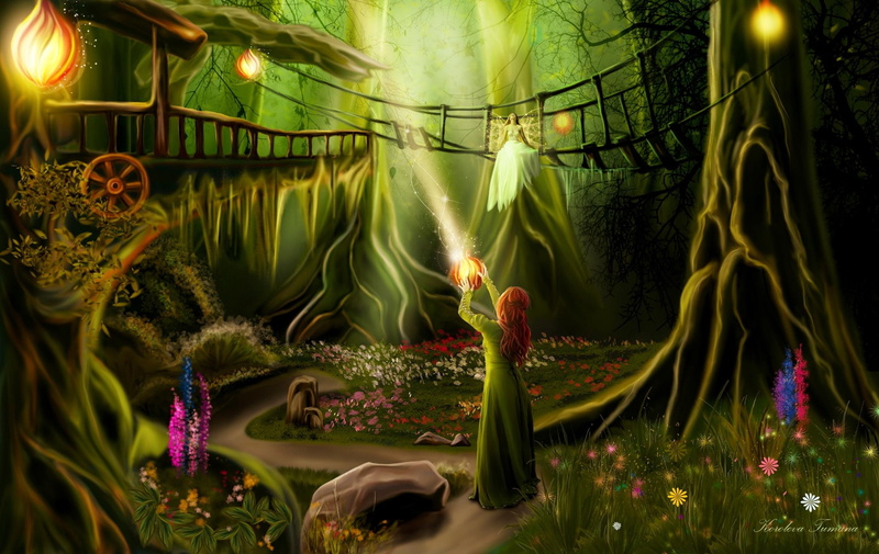 1080P, 3d and abstract, fantasy, magical, enchanted, lady, trees, bridge, fishers, forest, enchnated, moonglow