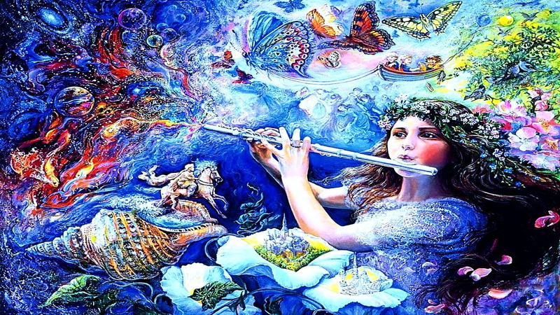 fantasy, 3d and abstract, neon, butterfly, flute, colorful, enchanted, abstract, lady, 1080P, shell, flowers