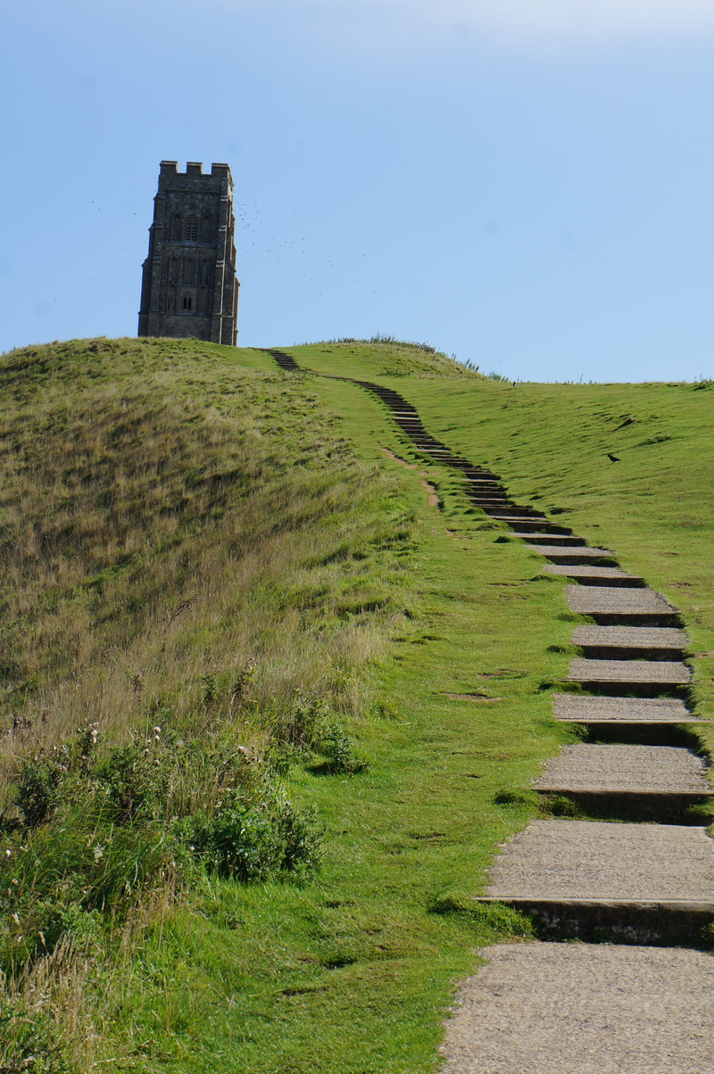 building exterior, sky, clear sky, tower, day, landscape, legend, green color, glastonbury, the grail, travel, 4K, devon, tor, new age, land, built structure