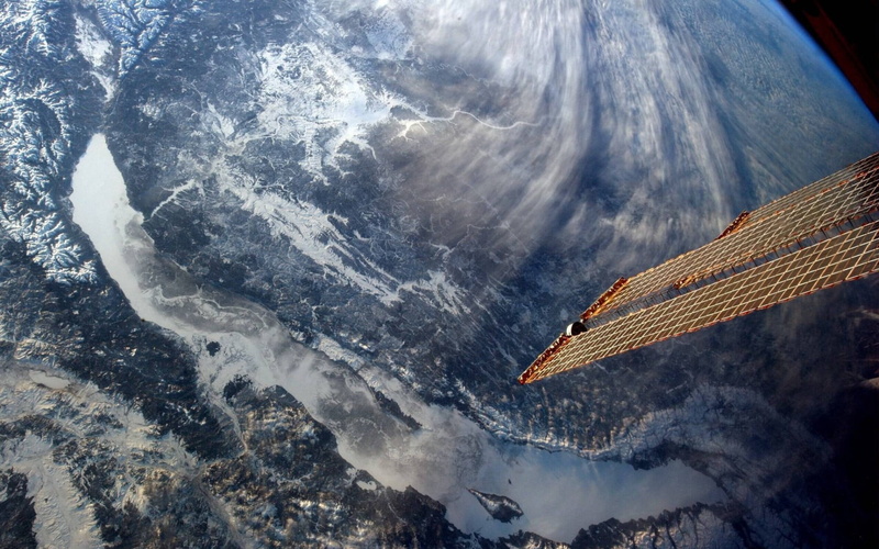 fish, architecture, scenics - nature, space, nature, day, planet, brown, Lake Baikal, satellite, water, aerial view, atmosphere, black, sky, built structure