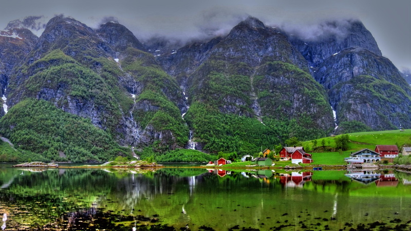 nordfjord, beautiful, reflections, norway, mountains, 2K, shine, hazy, green, 3d and abstract, dark