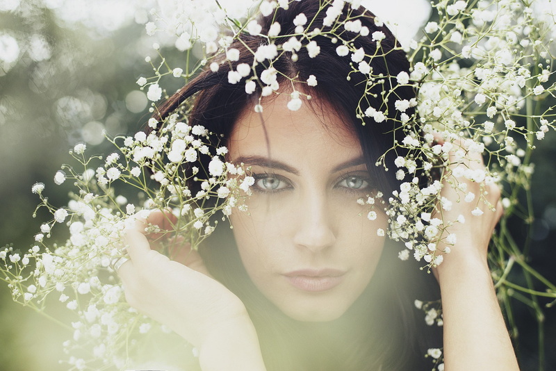Aurela Skandaj, 1080P, women, face, hazy, flowers, Anastasia Vervueren, blue eyes, brunette, portrait