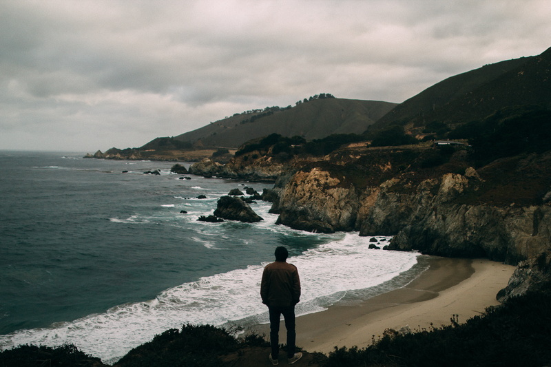 cliff, vacations, jacket, person, ocean, sea, alone, waves, one person, landscape, dark, brown, holiday, one man only, cloud - sky, land, nature, looking at view