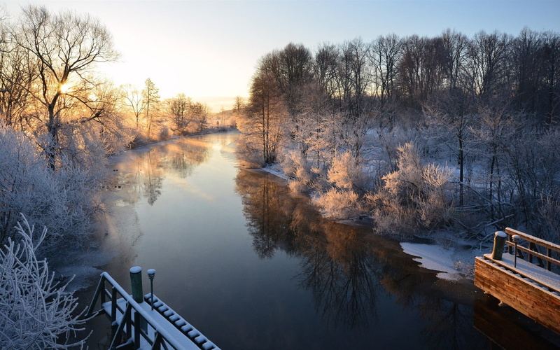River, Morning, Winter, Sweden, 1080P, Scenery, Snow