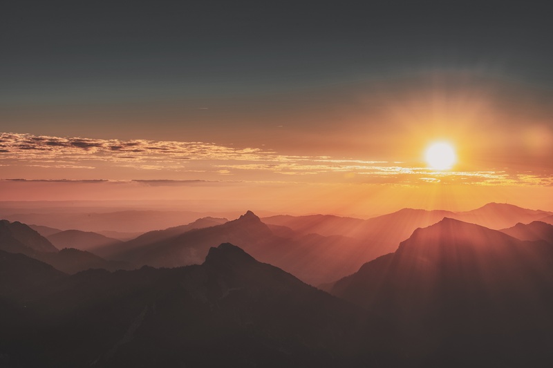 mountain, majestic, no people, sky, sun, lens flare, landscape, 5k, sunbeam, silhouette, mountains, outdoors, hd, sunlight, 4k, sunrise, idyllic, non-urban scene