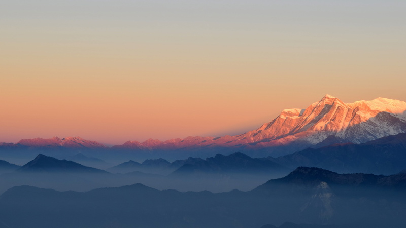 environment, tranquil scene, mountain peak, tranquility, orange color, clear sky, majestic, scenics - nature, copy space, snowcapped mountain, landscape