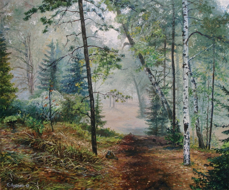painting, tranquility, path, beauty in nature, white, growth, trail, trees, outdoors, birch, landscape, hazy, woodland, plant, nature, artwork, tree, no people