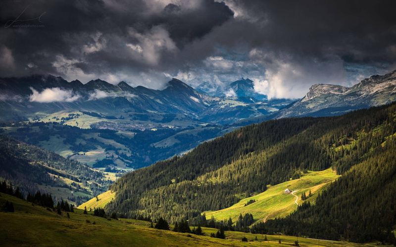 forest, landscape, clouds, mountain, nature, summer, 2K, switzerland, alps, green