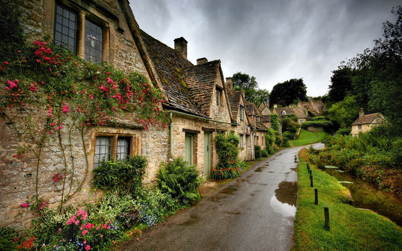 Scenery, Green, Houses, Flowers, Cloudy, Grass, Village, Road, 1080P