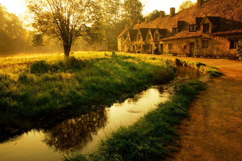 mist, england, bibury, arlington, row, morning, 720P, gloucestershire