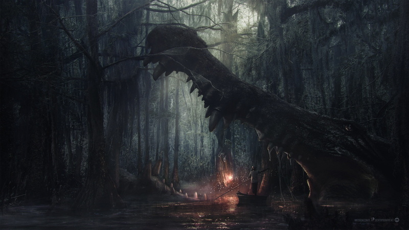 digital art, fantasy art, 2K, swamp, crocodiles, boat, Desktopography