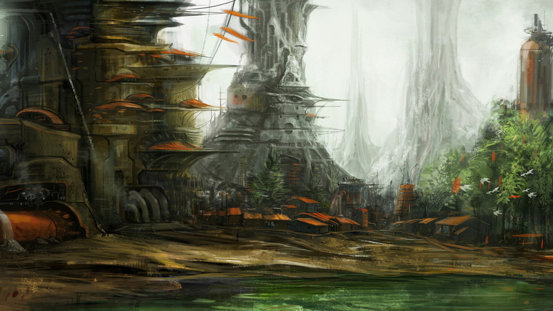 plant, tree, architecture, forest, outdoors, spaceship, blurred motion, flowing, waterfront, fantasy art, motion, built structure, water, concept art, 1080P