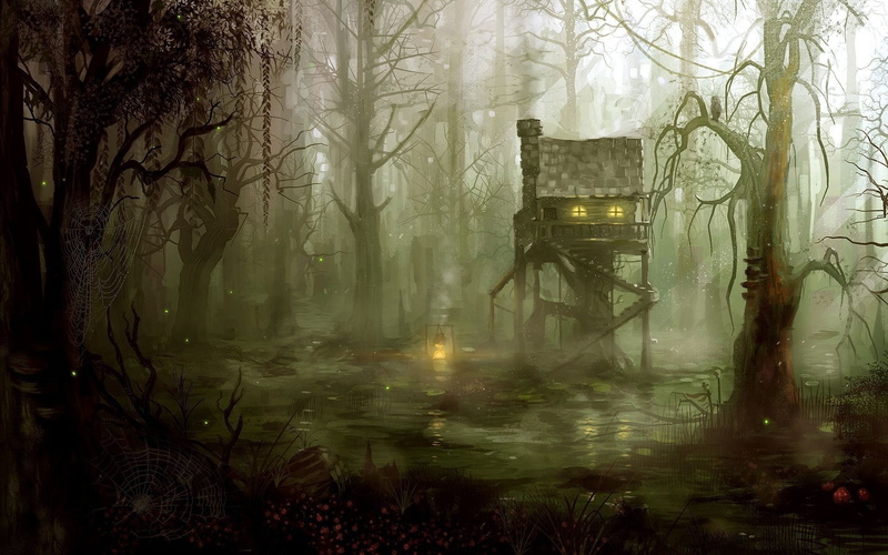 cabin, swamp, forest, trees, 1080P, artwork, concept art