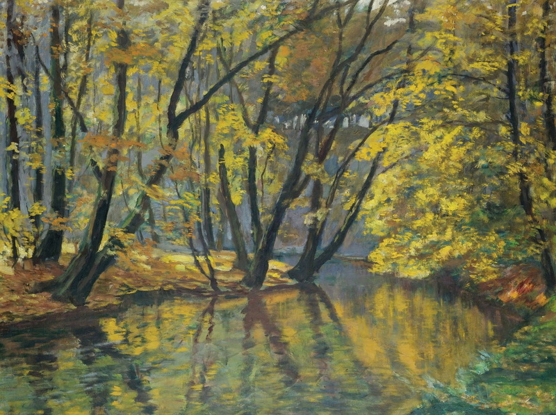 waterfront, water, plant, day, land, fall, painting, scenics - nature, nature, Antonin Hudecek, beauty in nature, classic art, woodland, autumn, lake, tranquility