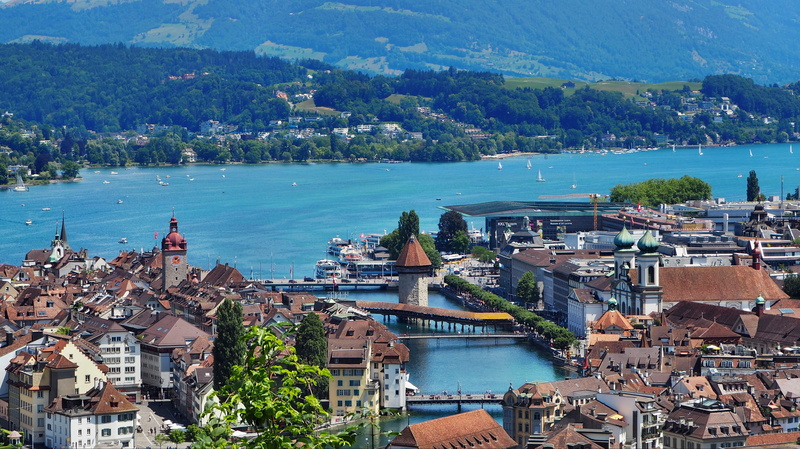 places of interest, blue, outdoors, travel destinations, lucerne, jesuit church, nature, high angle view, lake lucerne region, lake, chapel bridge, building