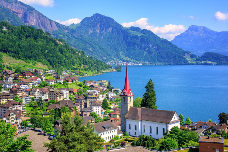 Switzerland, residential district, water, Lucerne, Mountain, sky, Towns, architecture, beauty in nature, 1080P, cloud - sky, townscape, tree, building