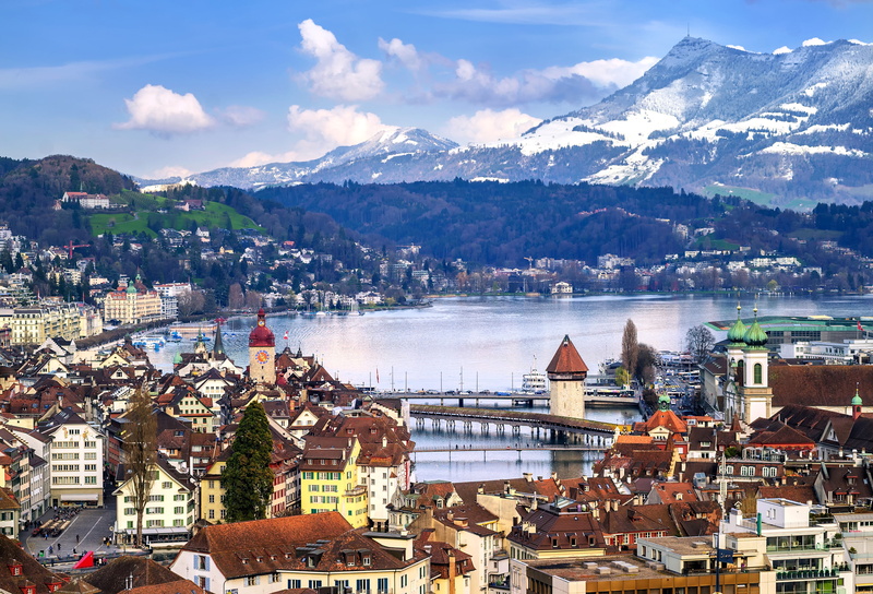2K, city, outdoors, mountains, building exterior, mountain range, river, Switzerland, panorama, assorted, lake, day, townscape, cityscape, Lucerne, no people