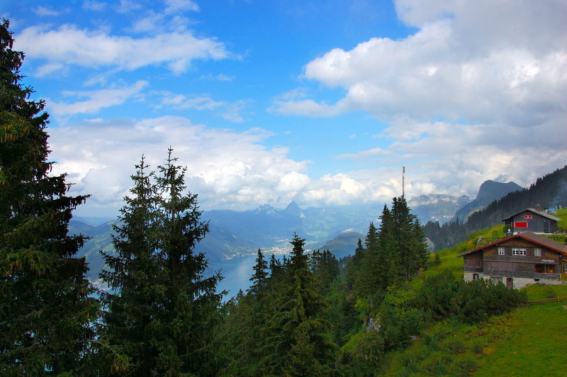 outdoors, view, tree, clouds, mountains, lake lucerne region, tranquil scene, nature, green color, plant, building, klewenalp, beauty in nature, no people