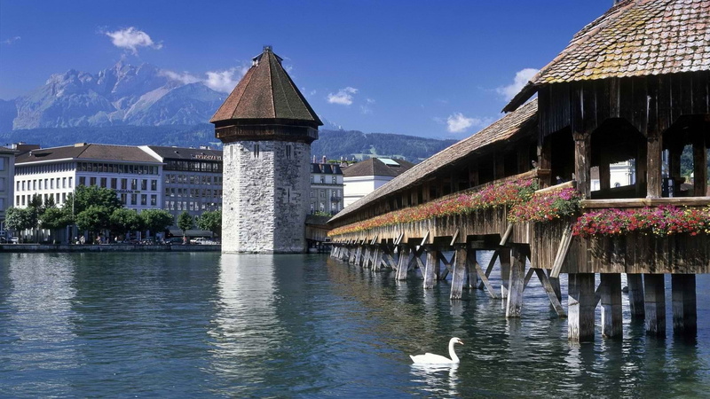 mountain, lucerne, switzerland, cultures, water, tourist, landscape, religion, architecture, built Structure, covered bridge, city, blue, european Alps