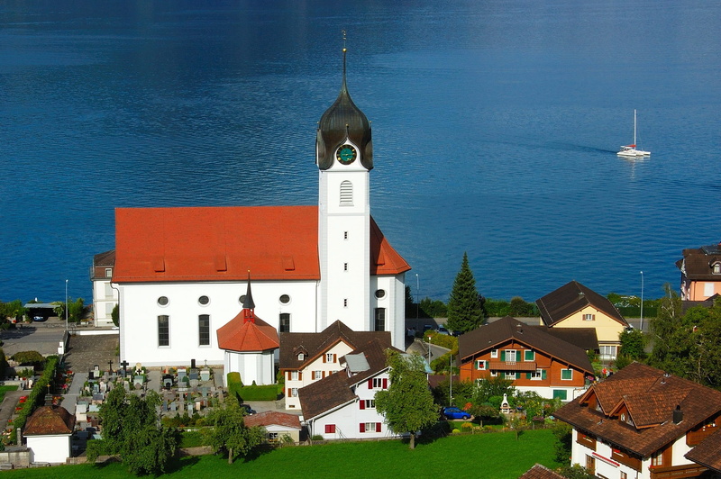 architecture, 1080P, sea, house, religion, switzerland, city, nature, belief, lake lucerne region, place of worship, lake, built structure, roof, church