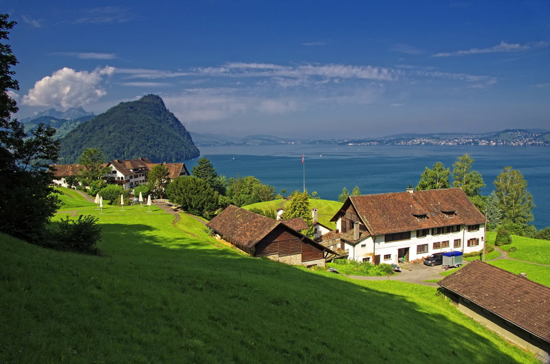 travel, Switzerland, white, brown, home, building Exterior, sea, village, rural Scene, horizon over water, residential district, hill, day, beauty In Nature