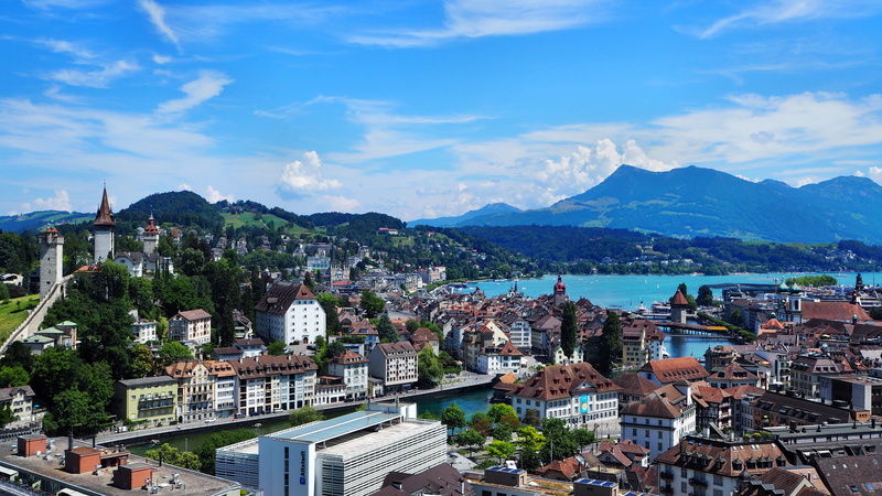 lake lucerne region, chapel bridge, lucerne, day, 4K, water tower, crowded, building, sea, architecture, mountain, city, sky, residential district, museggtürmen