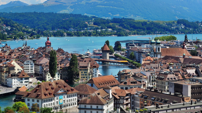nature, architecture, water tower, high angle view, city, building, church, travel destinations, transportation, lake lucerne region, residential district