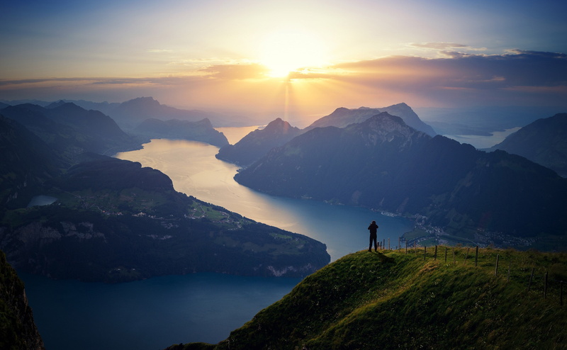 cloud - sky, 4K, mountain, sky, sun, activity, scenics - nature, tranquil scene, hiking, nature, travel, sunset, standing, beauty in nature, lake lucerne 4k  pack 1080p hd