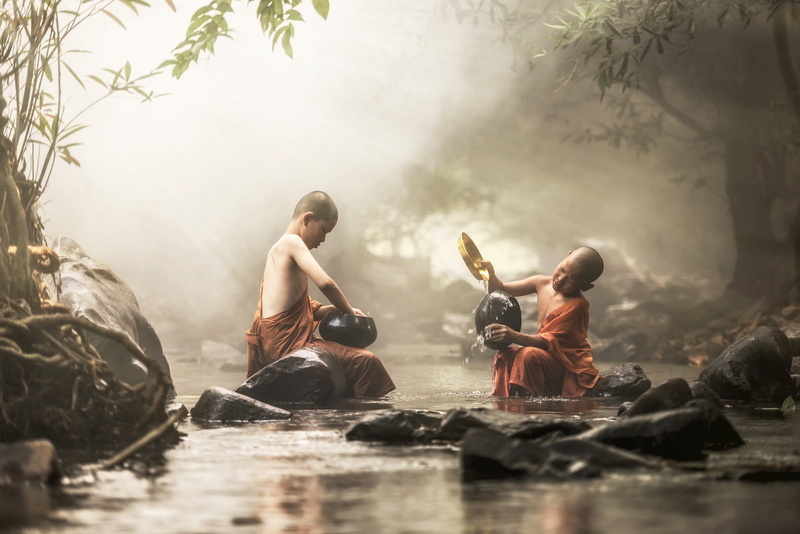 waterfront, outdoors, young men, day, tree, Thailand, people, real people, monks, sitting, men, togetherness, males, casual clothing, 720P, water, friendship